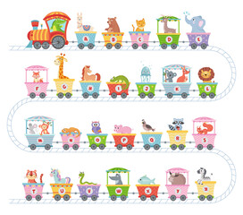 Alphabet train with animals. Cartoon animal illustration in van, education abc letter for children school vector on white