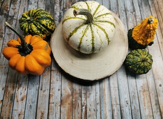 Pumpkins on a wooden table, Fall decoration