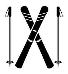 Skis and ski poles icon set on white background. Winter sports equipment sign illustration to use in advert, ski pass, competition certificate, skiing design projects. 
