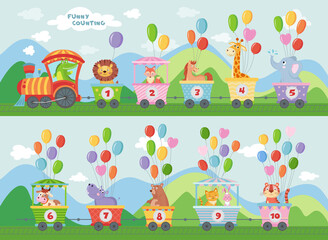 Obraz na płótnie Canvas counting train with animals rides on rails across the field with balloons education for children school vector