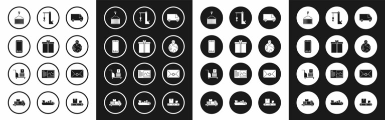 Set Delivery cargo truck vehicle, Gift box, Mobile phone with app delivery tracking, Container crane, Worldwide, Harbor port, Envelope and Electric hand and boxes icon. Vector