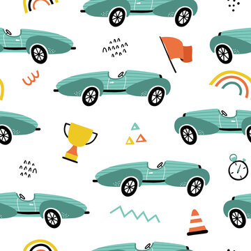 Seamless pattern with retro racing cars in hand drawn style. Great for textiles, stickers, cards, poster, wallpaper, wrapping paper. Isolated on white background vector illustration