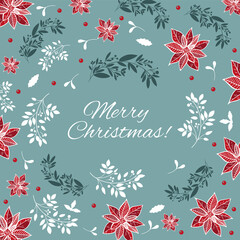 Fototapeta na wymiar Happy Holidays or Merry Christmas Template with Hand Drawn decorative elements, twigs, and Poinsettia flowers.