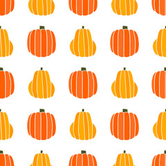 Bright seamless illustration with pumpkin on a white background. Vector drawing on the theme of Halloween.
