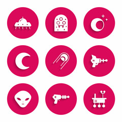 Set Satellite, Ray gun, Mars rover, Alien, Moon and stars, and UFO flying spaceship icon. Vector