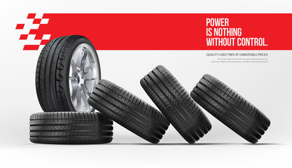Car Tire Set. Stack of Car Tires Lie on Their Sides on Top of Each Other. 5 Wheels summer, winter. © Strajinsky