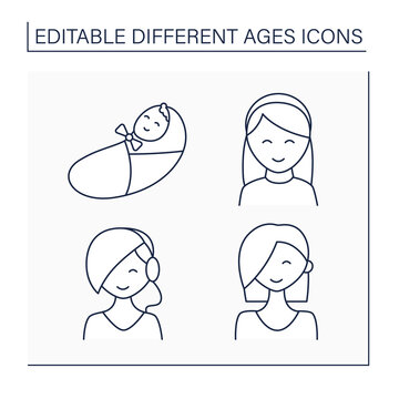 Different ages line icons set. Generations. Newborn, teenager, adulthood and retirement of womane life. Life cycle concept. Isolated vector illustrations. Editable stroke