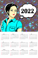Calendar 2022 year in English with beauty South Asian female 20s with black short haircut. The girl's head is turned to the right. Week starts on Sunday