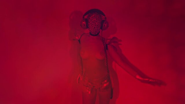 Mrs disco woman with sparkly face and headphones