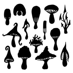Set of isolated hand-drawn mystical mushrooms. Halloween black fungus silhouettes.