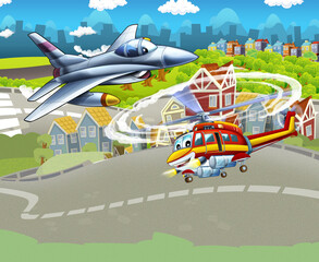 cartoon happy scene with helicopter flying in city