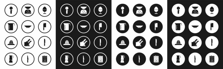 Set Chicken egg on a stand, Bowl, Measuring cup, Pizza knife, Meat chopper, Scales, Knife and Citrus fruit juicer icon. Vector