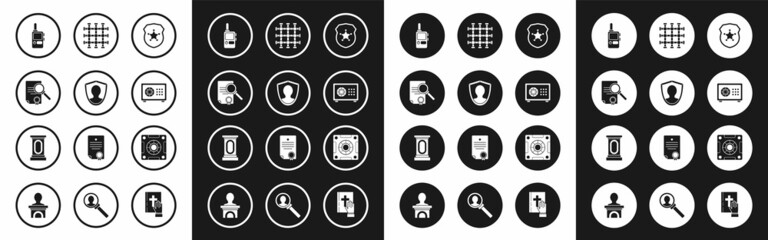 Set Police badge, User protection, Document with search, Walkie talkie, Safe, Prison window, and Stage stand or debate podium rostrum icon. Vector