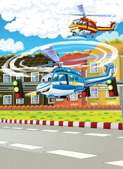cartoon happy scene with helicopter flying in city