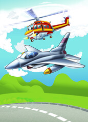 Naklejka premium cartoon happy scene with helicopter flying in city