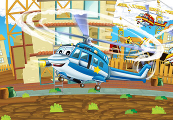 cartoon happy scene with helicopter flying in city