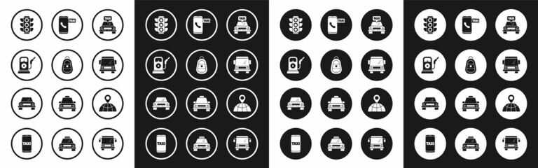 Set Taxi car, Car key with remote, Petrol or Gas station, Traffic light, call telephone service, Location the globe and icon. Vector