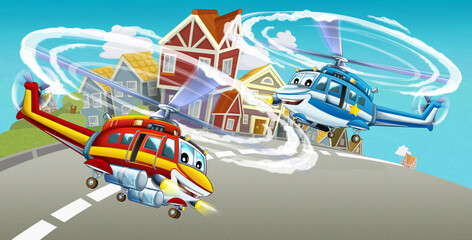 Obraz na płótnie Canvas cartoon happy scene with helicopter flying in city