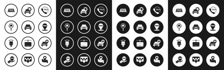 Set Taxi call telephone service, Car, Magnifying glass and taxi car, roof, Map pointer with, and Scooter icon. Vector