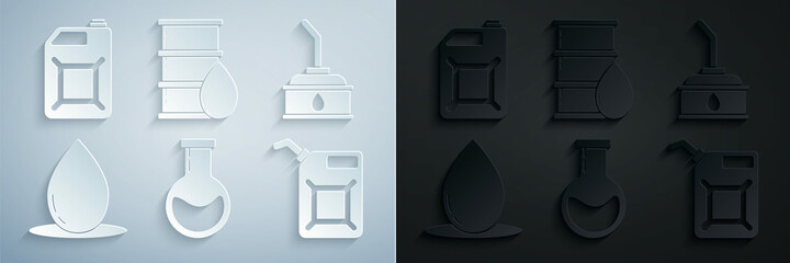 Set Test tube and flask, Canister for motor machine oil, Oil drop, gasoline, Barrel and icon. Vector