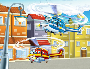 cartoon happy scene with helicopter flying in city