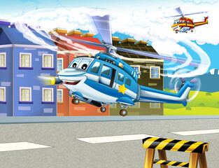 cartoon happy scene with helicopter flying in city