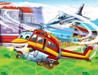cartoon happy scene with helicopter flying in city