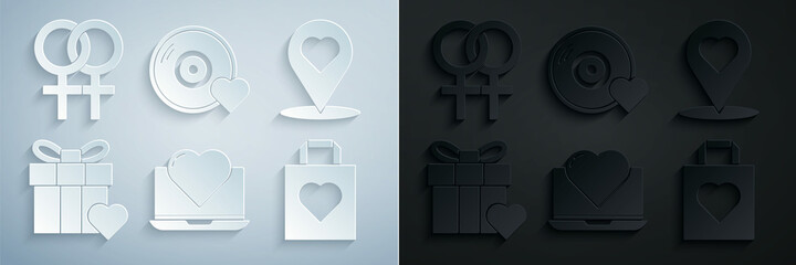 Set Laptop with heart, Map pointer, Gift box and, Shopping bag, Romantic music and Female gender symbol icon. Vector