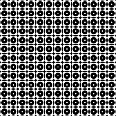 Vector illustration. Geometric seamless pattern. Solid dots and rhombus-shaped linear circles. Spotted black and white background. Simple black and white abstract pattern.