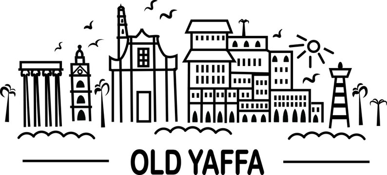 Vector line art landscape of Old Yaffa City (Israel).