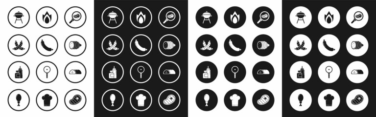 Set Steak meat in frying pan, Sausage, Crossed sausage, Barbecue grill, Salami, Fire flame, Meat and Sauce bottle icon. Vector
