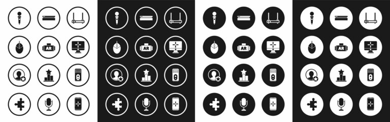 Set Router and wi-fi signal, Ar, augmented reality, Computer mouse gaming, Joystick for arcade machine, monitor, Video game console, and Premium create account screen icon. Vector
