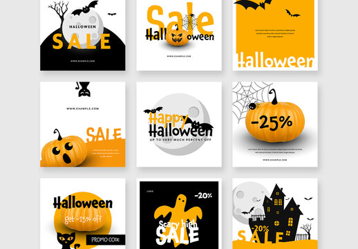 Set of Halloween Social Media Posts with Vector Illustrations