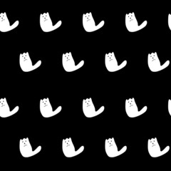 White cat on a black background, cute pet. Vector seamless pattern. Background illustration, decorative design for fabric or paper. Ornament modern