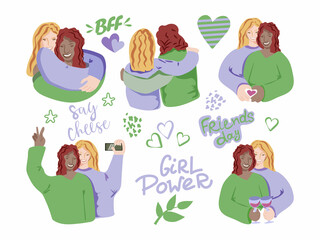 Best friends set. Different race. Lovely girlfriends hug and smile at the blonde and black-haired girl. Vector in doodle style.