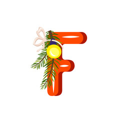 Red letter F with green Christmas tree branch, ball with bow. Festive font for Happy New Year and bright alphabet