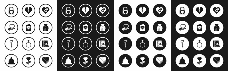 Set Heart with male gender, Valentines day flyer heart, on hand, Lock, Wedding cake, Broken or divorce, Calendar February 14 and Key shape icon. Vector