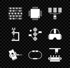 Set Binary code, Processor with microcircuits CPU, Server, Data, Web Hosting, Wireless charger, Smartwatch, Factory conveyor system belt, Microscope and DNA symbol icon. Vector