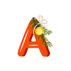 Red letter A with green Christmas tree branch, ball with bow. Festive font for Happy New Year and bright alphabet