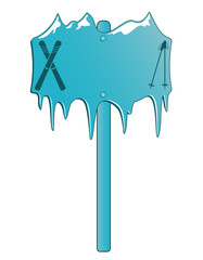 Creative winter billboard with mountains, icicles, ski, ski poles. Editable winter poster illustration, creative winter design to use for ski pass, price tag, message board, information sign.