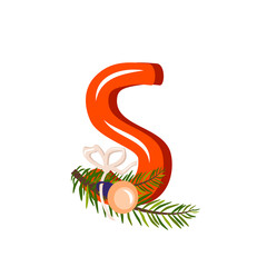 Red letter S with green Christmas tree branch, ball with bow. Festive font for Happy New Year and bright alphabet