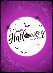 Purple Halloween Background with Moon and Spiders