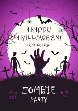 Zombie Party on Purple Halloween Background with Hand