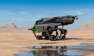 apocalyptic battle tank is passing thru the desert after rain