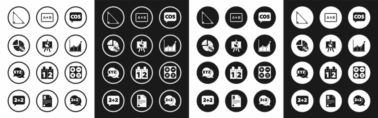 Set Mathematics function cosine, Chalkboard with diagram, Graph, schedule, chart,, Triangle math, Calculator and XYZ Coordinate system icon. Vector