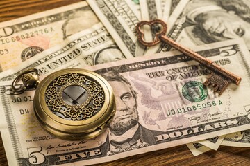 Pocket Watch and Key on Banknotes