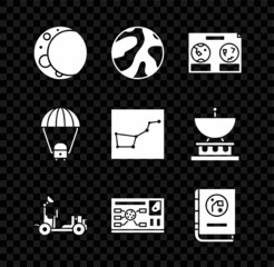 Obraz premium Set Moon, Planet, Celestial map of the night sky, Mars rover, Futuristic hud interface, Book by astronomy, Space capsule and parachute and Great Bear constellation icon. Vector