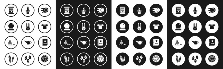 Set Fireball, Rabbit with ears, Magic, Decree, paper, parchment, scroll, Magician hat, and rabbit, Ancient magic book and Witch cauldron stone icon. Vector