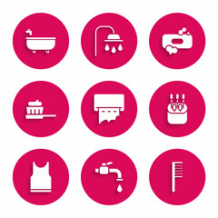 Set Paper towel dispenser on wall, Water tap, Hairbrush, Cotton swab for ears, Sleeveless T-shirt, Toothbrush with toothpaste, Bar of soap and Bathtub icon. Vector