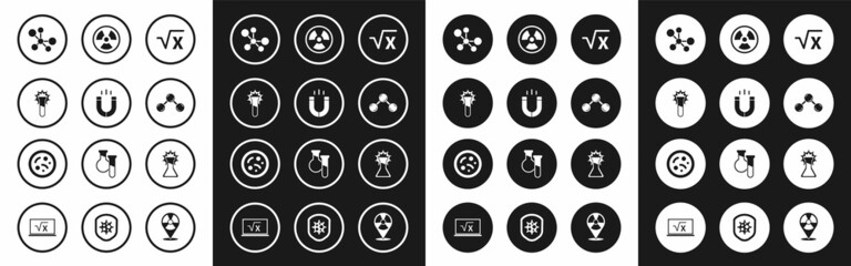 Set Square root of x glyph, Magnet, Test tube and flask, Molecule, Radioactive, and Bacteria icon. Vector